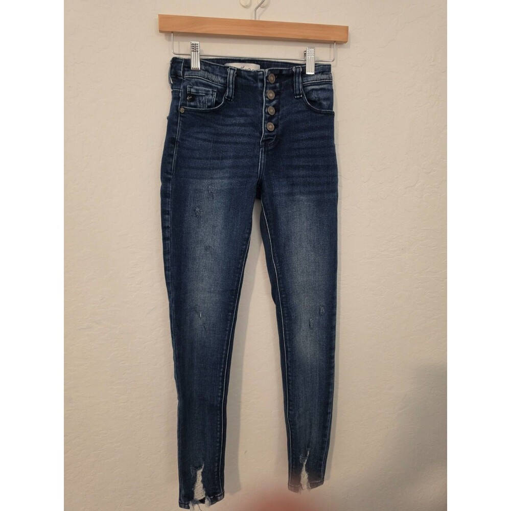 KanCan High Rise Dark Wash Jeans Size 0/23 Button Fly Distressed Hems #36671